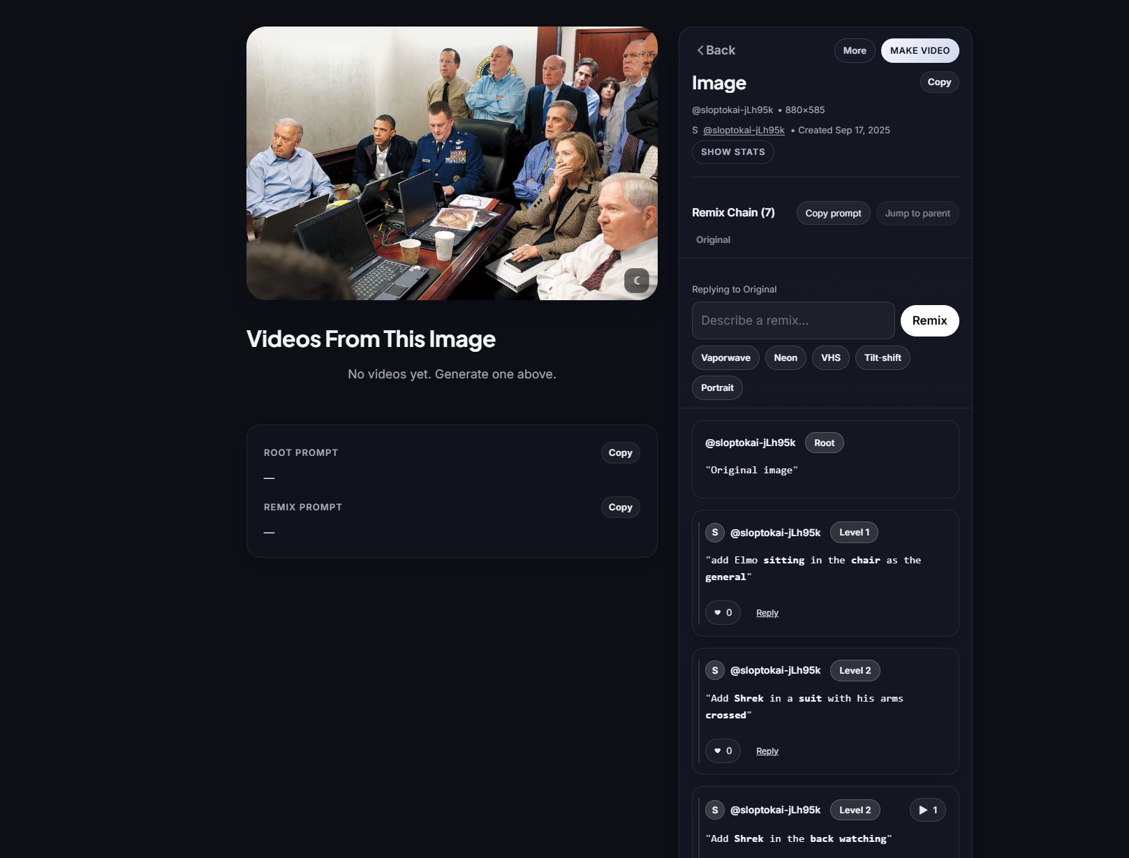 Detail view of an uploaded photo before remix prompts are applied in SlopTok.